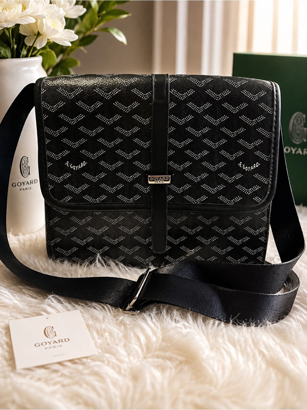 Source Unknown Black Goyard-Style Messenger Bag